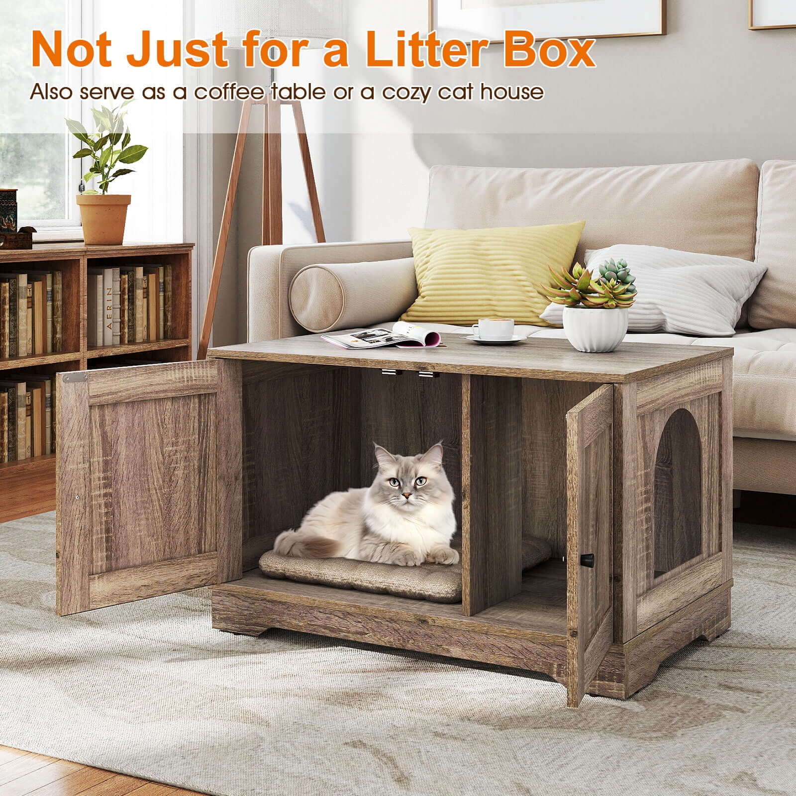Costway Cat Litter Box Enclosure Furniture with Double Doors Divider Side Entry for Cats Gray