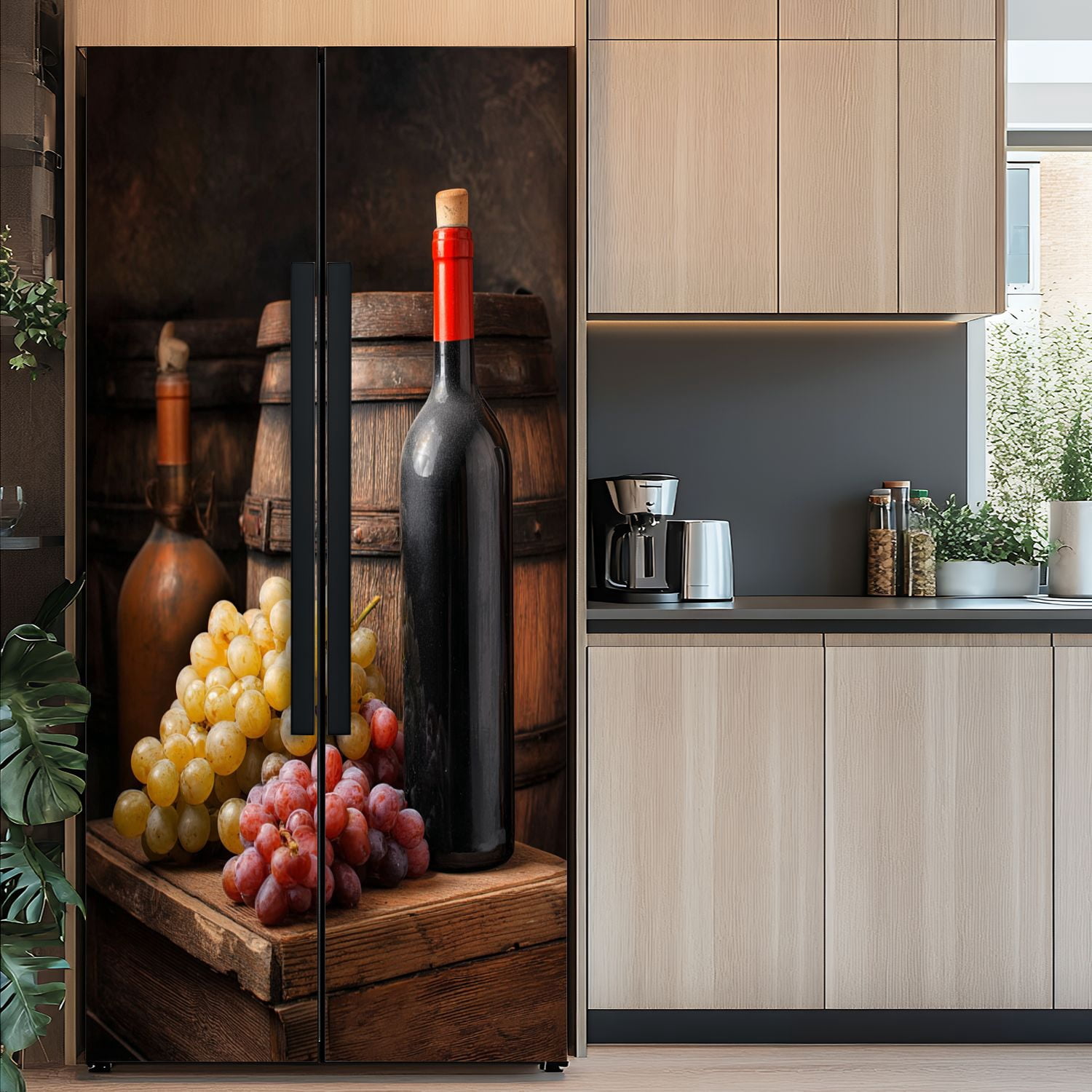 Self Adhesive Vinyl Refrigerator Wrap Set Wine bottle grapes barrel Door Mural Removable Fridge Sticker Peel and Stick&nbsp;Full Door Cover Decal Kitchen Bar Decor