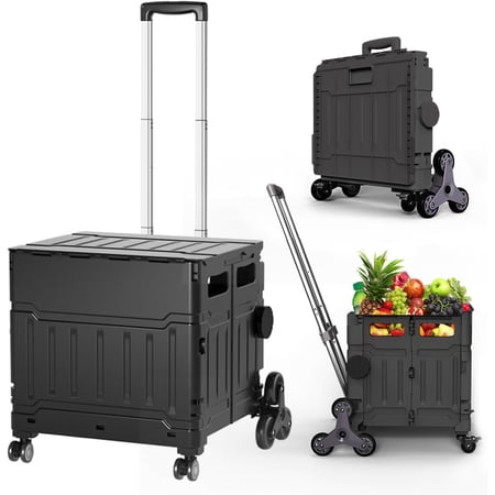Foldable Utility Cart with Stair Climbing Wheels,Folding Portable Rolling Crate Handcart with Aluminium Alloy Telescoping Handles, Handcart for Grocery Book File Tool Art Supplies