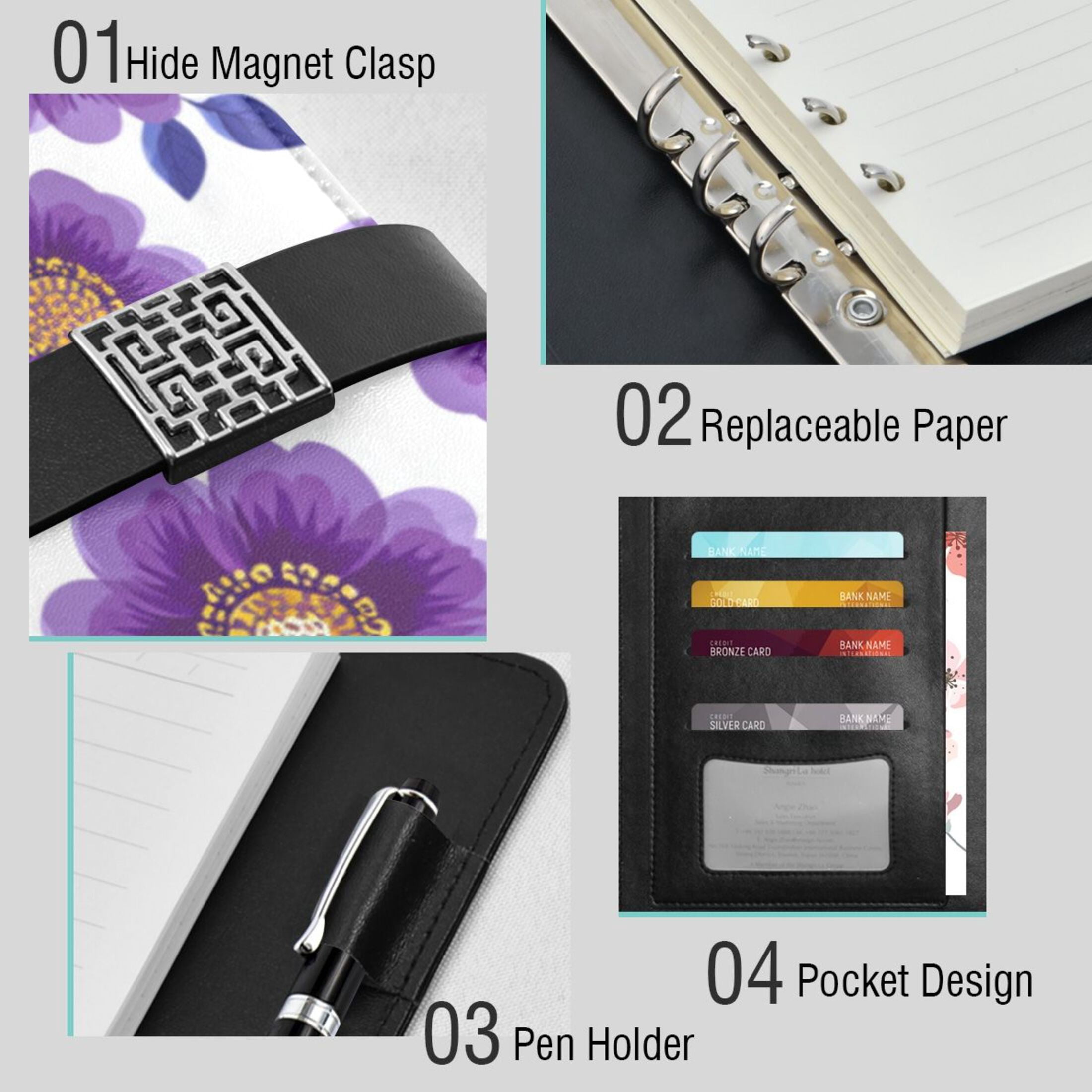 Leather Planner Leather Notebook Notebook Journal Binder Design Pen Pocket Design Convenient for Storage Retro Groovy Purple Daisies