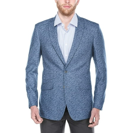 Worsted Wool Blazer - Calvo Men's Blue Patterned Slim Fit Italian Styled Wool Blazer