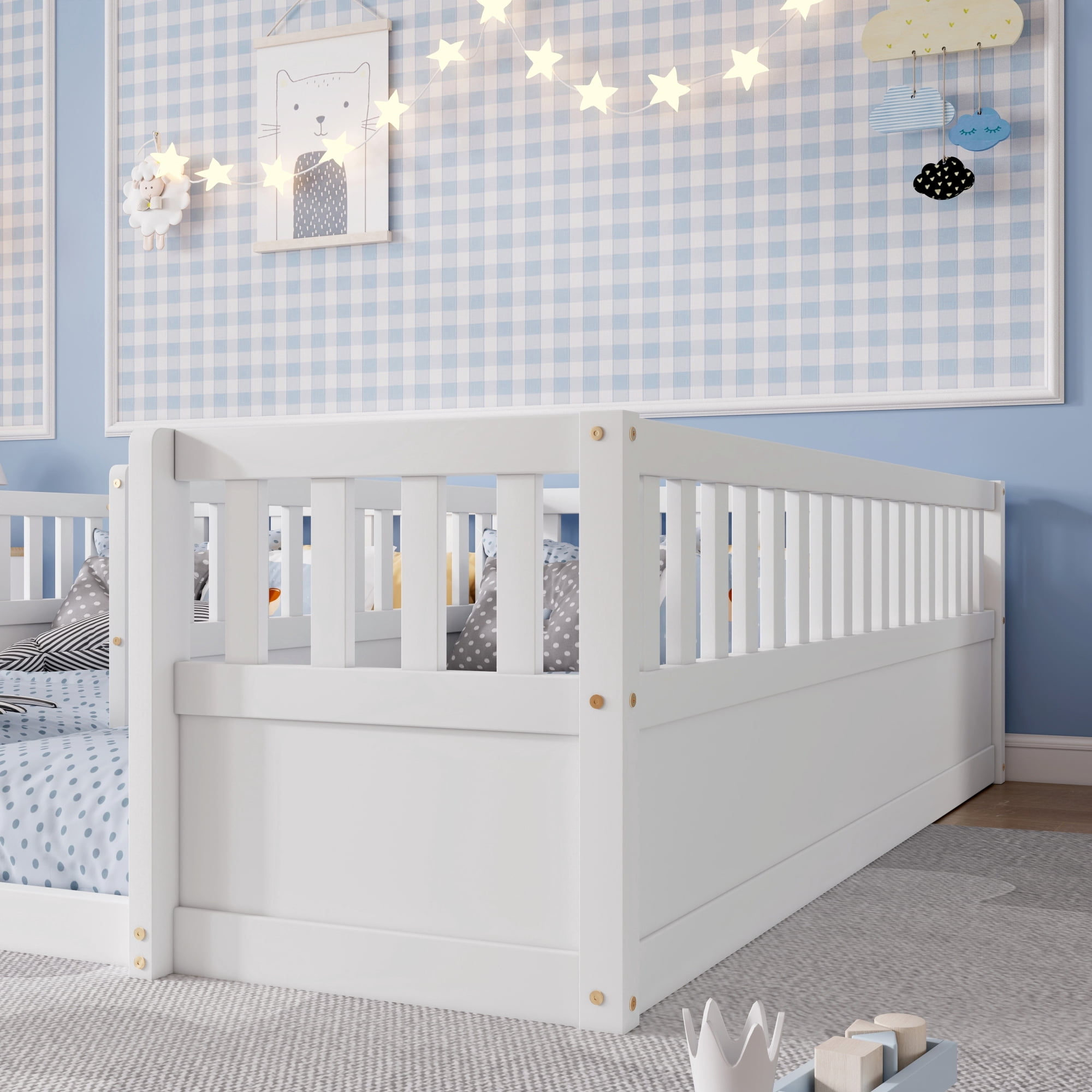 Leumius Double Pine Wood Twin Floor Bed with Semi-Enclosed Safety Guardrails, Open Entrance for Kids Bedroom White