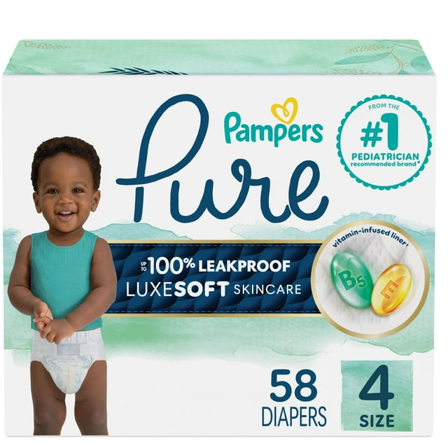 Pampers Pure Baby Diapers, Size 4 (22-37 lbs), 58, Up to 100% Leakproof, Premium Hypoallergenic Soft Diapers