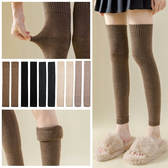 Womens Stretchy Knitted Boot Cuffs Solid Color Footless Thigh High Leg Warmers Thermal Long Leg Covers For Skating Dance Khaki One Size