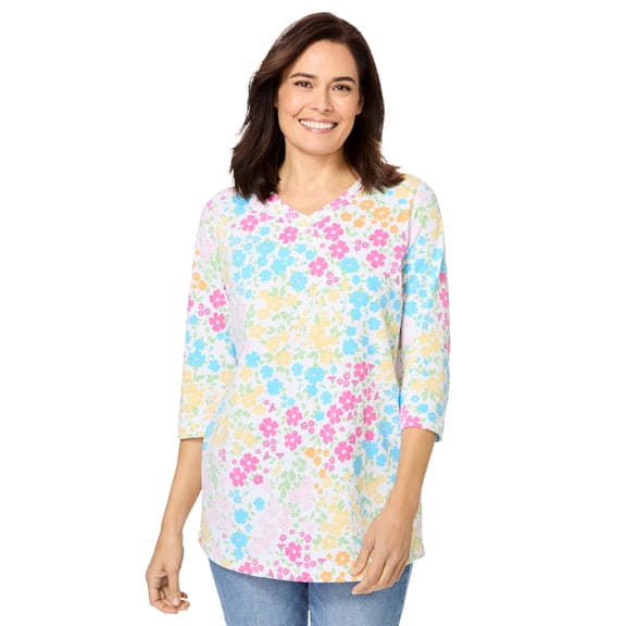 Woman Within Plus Size Perfect Printed Three-Quarter Sleeve V-Neck Tee