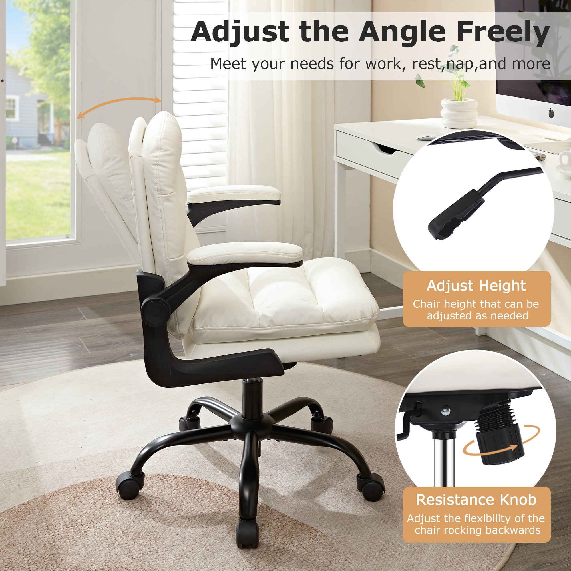 VECELO Ergonomic Office Chair, PU Leather Thick Padding Swivel Executive Computer Desk Chair With Upholstered Flip-Up Arms, White