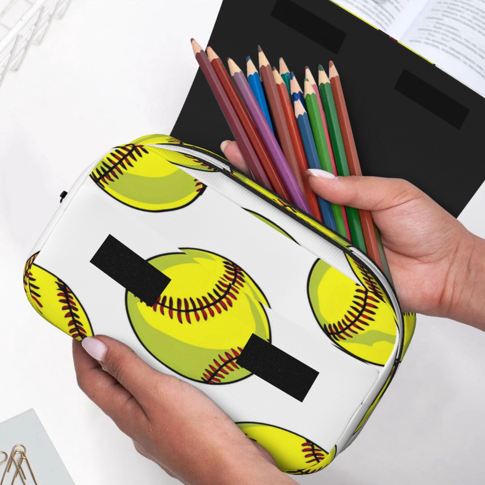 Large-Capacity Flip-Top Double-Layer Pencil Case, Multi-Functional Pocket Pen Case, Durable Stationery Organizer Yellow Softballs With Red Stitching Clean White Background