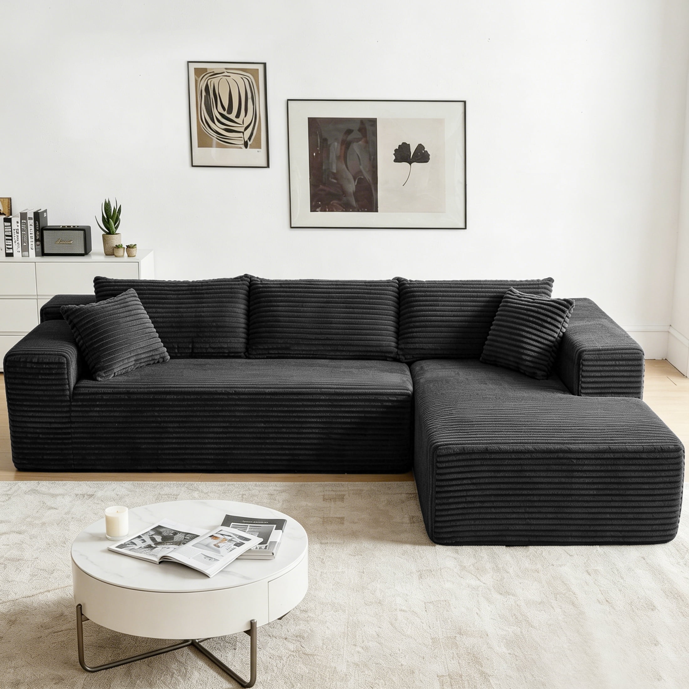 Xiweot 103" Cloud Sectional Couch for Living Room, Memory Foam Sectional Sofa with Deep Seat, Corduroy L Shaped Modular Sectional Couch with Right Facing Chaise, Black