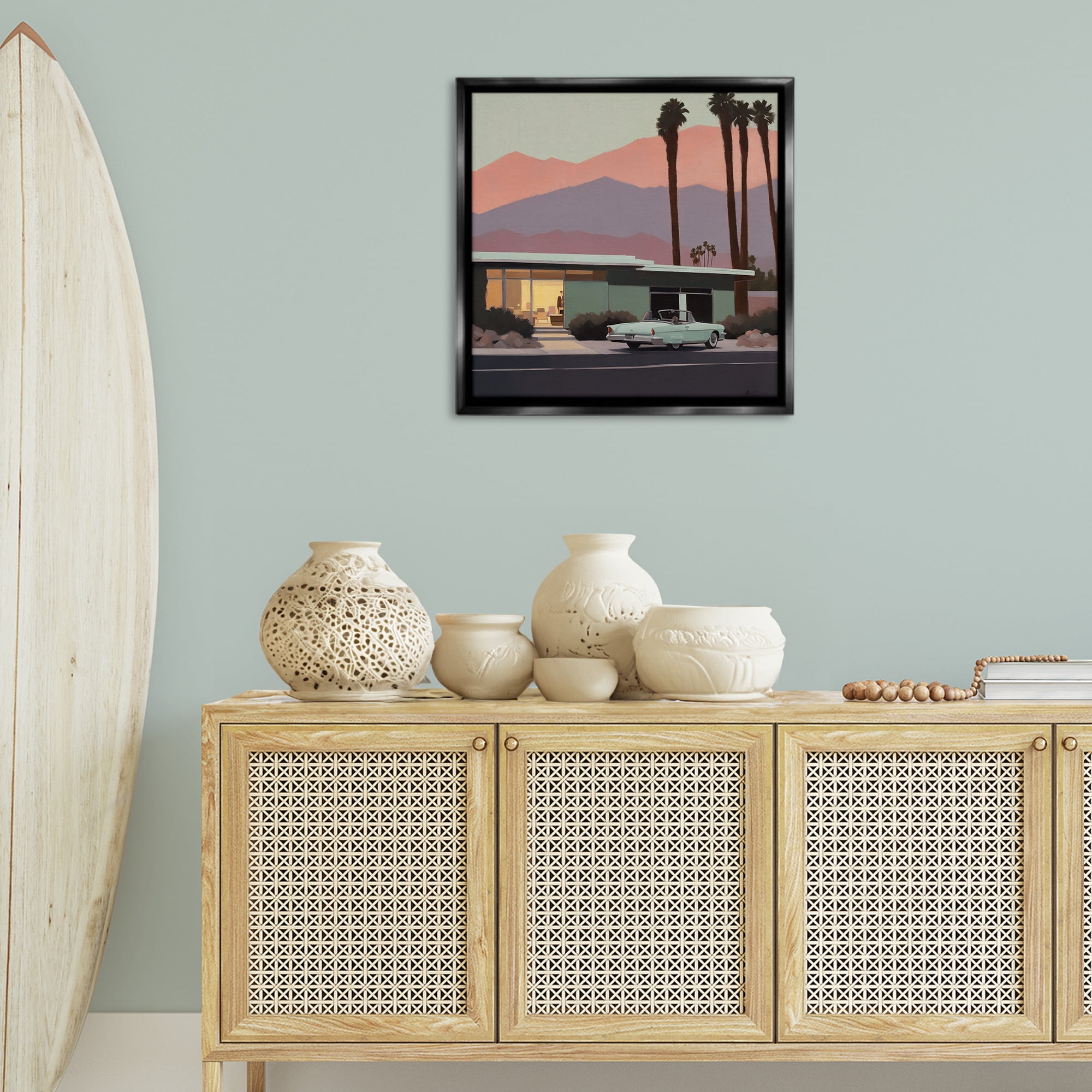 Stupell Industries Tropical House & Car Transportation Painting Black Floater Framed Canvas Art Print Wall Art, 25 x 25