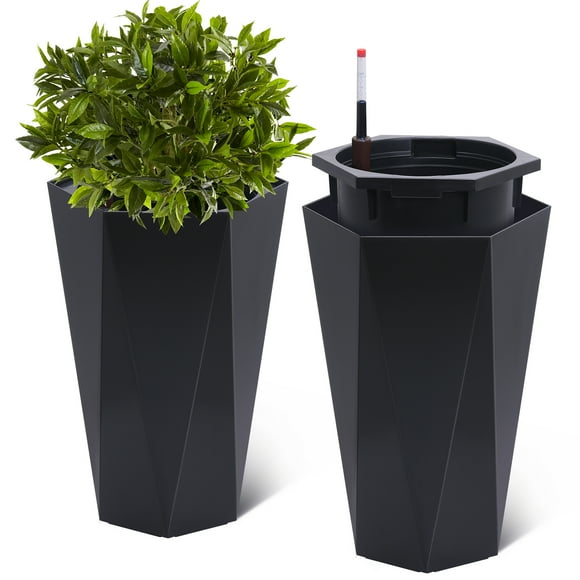 Self-Watering Planters – Set of 2 Tall 22.4" Pots – Water Monitor, Trays, Drainage & Wheels – Indoor/Outdoor – Patio, Garden & Balcony– Black