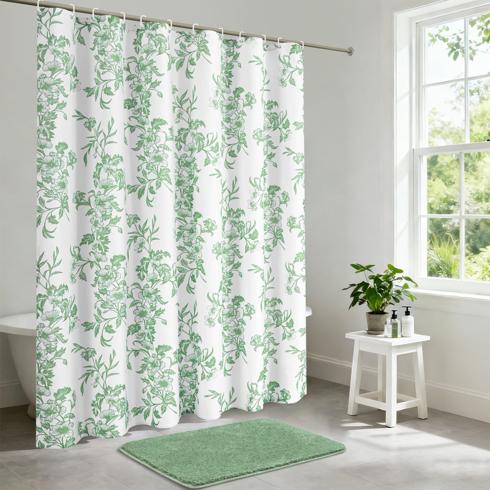 FRAMICS Sage Green Shower Curtain Sets with Non-Slip Rug & 12 Hooks, Heavy Duty Floral Cottagecore Fabric Bathroom Sets, Waterproof & Washable 72" x 72"
