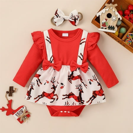 

FZM Christmas Christmas Day Baby Girls Boys Cute Ribbed Romper Dress Long Sleeve O Neck Bowknot Deer Printed Jumpsuit Xmas Outfits