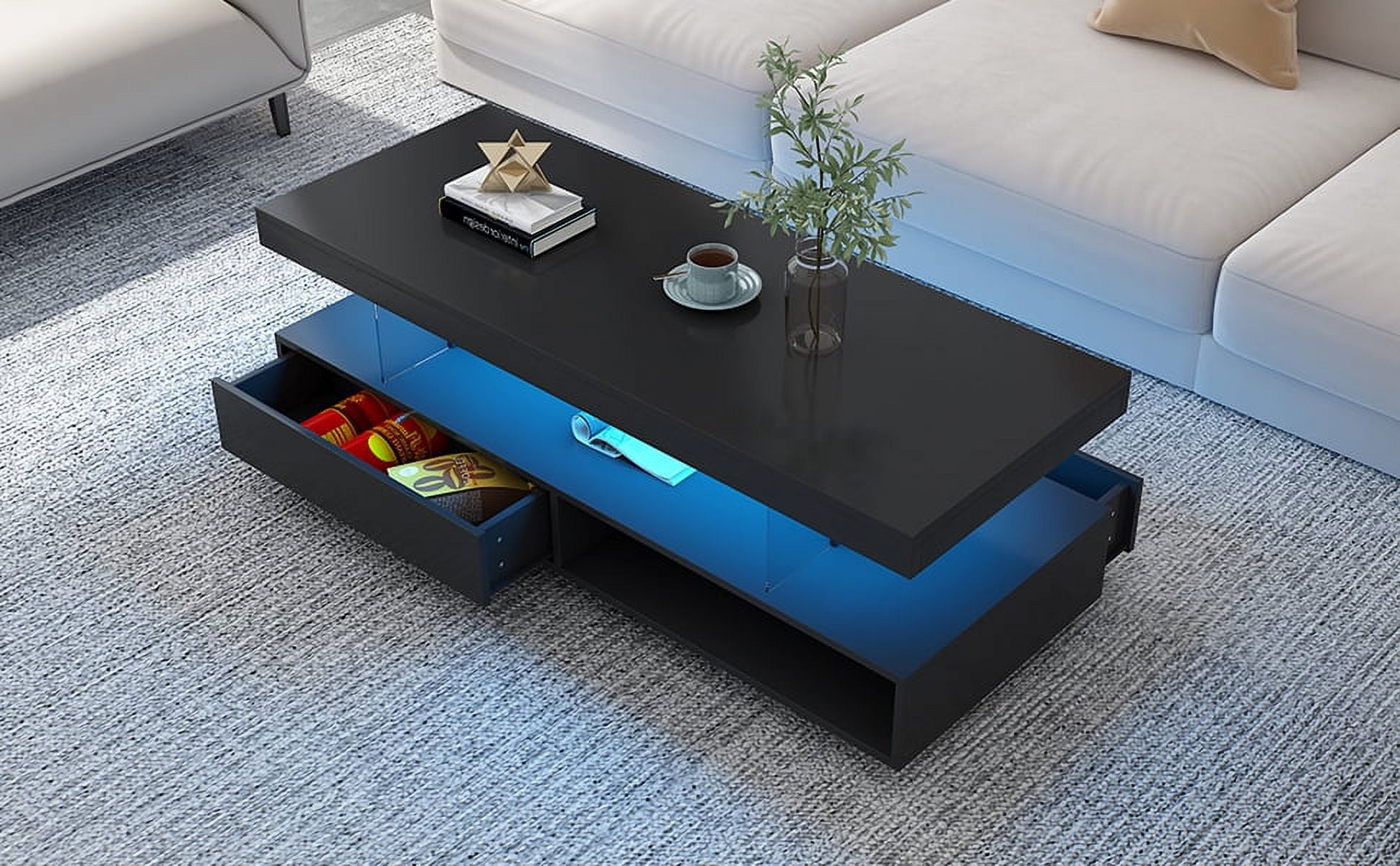 Euroco LED Coffee Table with Storage and Display Shelves, Modern Black Center Table with 2 Drawers and 16-Color LED Lights for Living Room