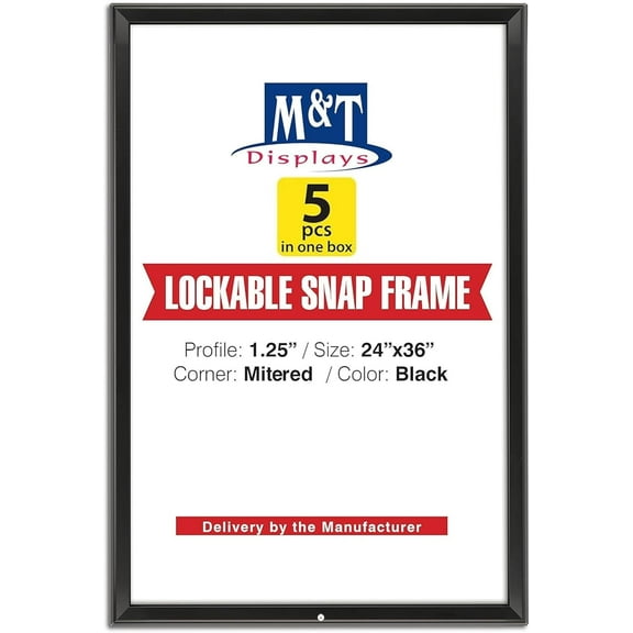 M&T Displays Lockable Snap Poster Frame 24x36 Black Aluminum Wall Mounting Photo Sign Holder-5 pack