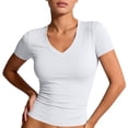 thumbnail image 2 of Basic Womens V Neck Short Sleeve T Shirt Slim Fit Tees Summer Y2k Going Out Fitted Tops Tight Shirts White S, 2 of 7
