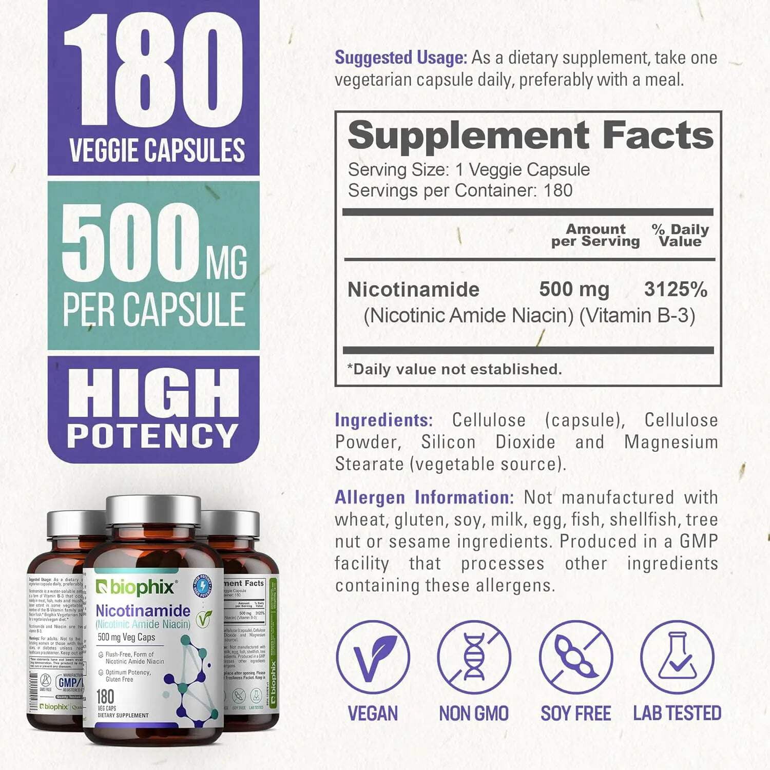 biophix B-3 Nicotinamide 500 mg 180 Vcaps - Hair Skin and Nails 180 Caplets 10000 mcg Biotin - Skin Kit - Nicotinic Amide Niacin Natural Flush-Free Vitamin Formula - Supports Skin Cell Health