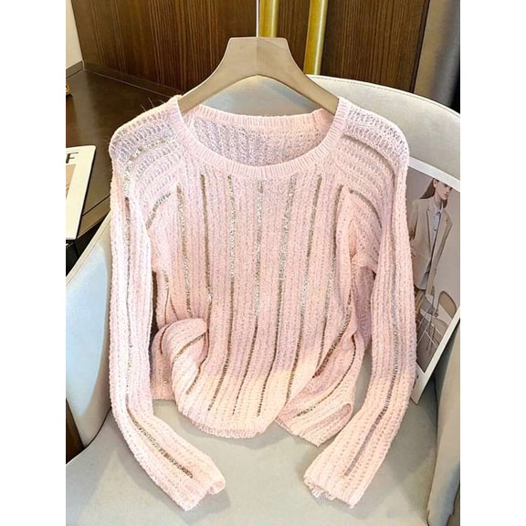 Womens Pink Round Neck Long Sleeve Sweater With Sequin Stripes