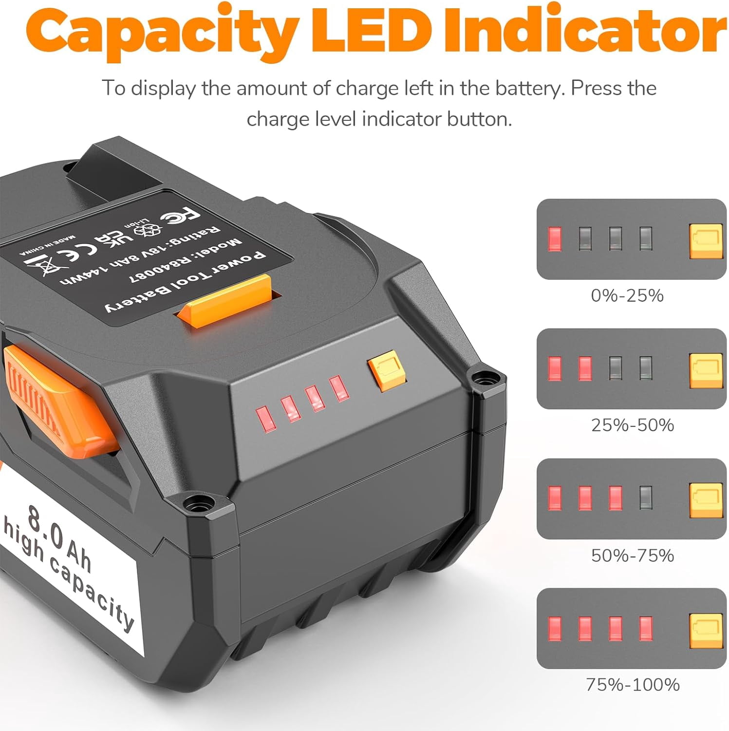 Upgraded 8.0Ah Replacement for Ridgid 18V Battery Ultra-High Capacity Compatible with Ridgid 18Volt Battery R840083 R840085 R840086 R840087 R840089 AC840085 AC840086 AC840087P AC840089 2Pack