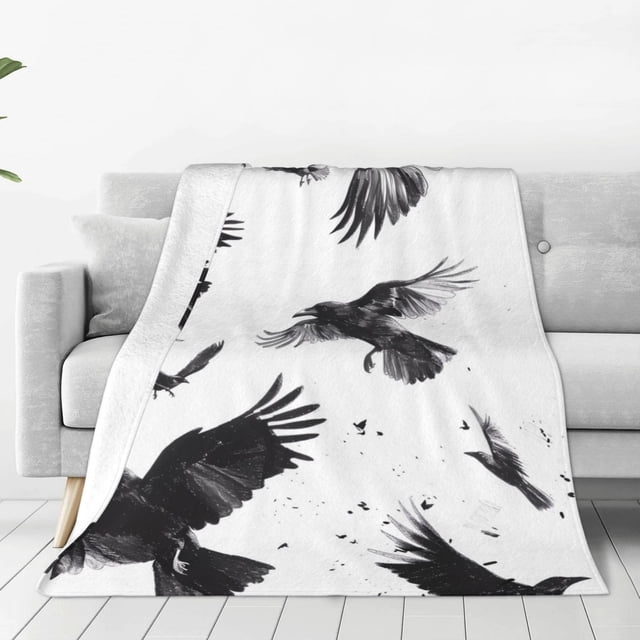 Fotbe Monochrome Flying Ravens Manta de Franela Acolchonada con Estampado, Súper Suave y Esponjosa, Extra Grande para Sofá, Cama, Uso Todo el Año-60"x50"