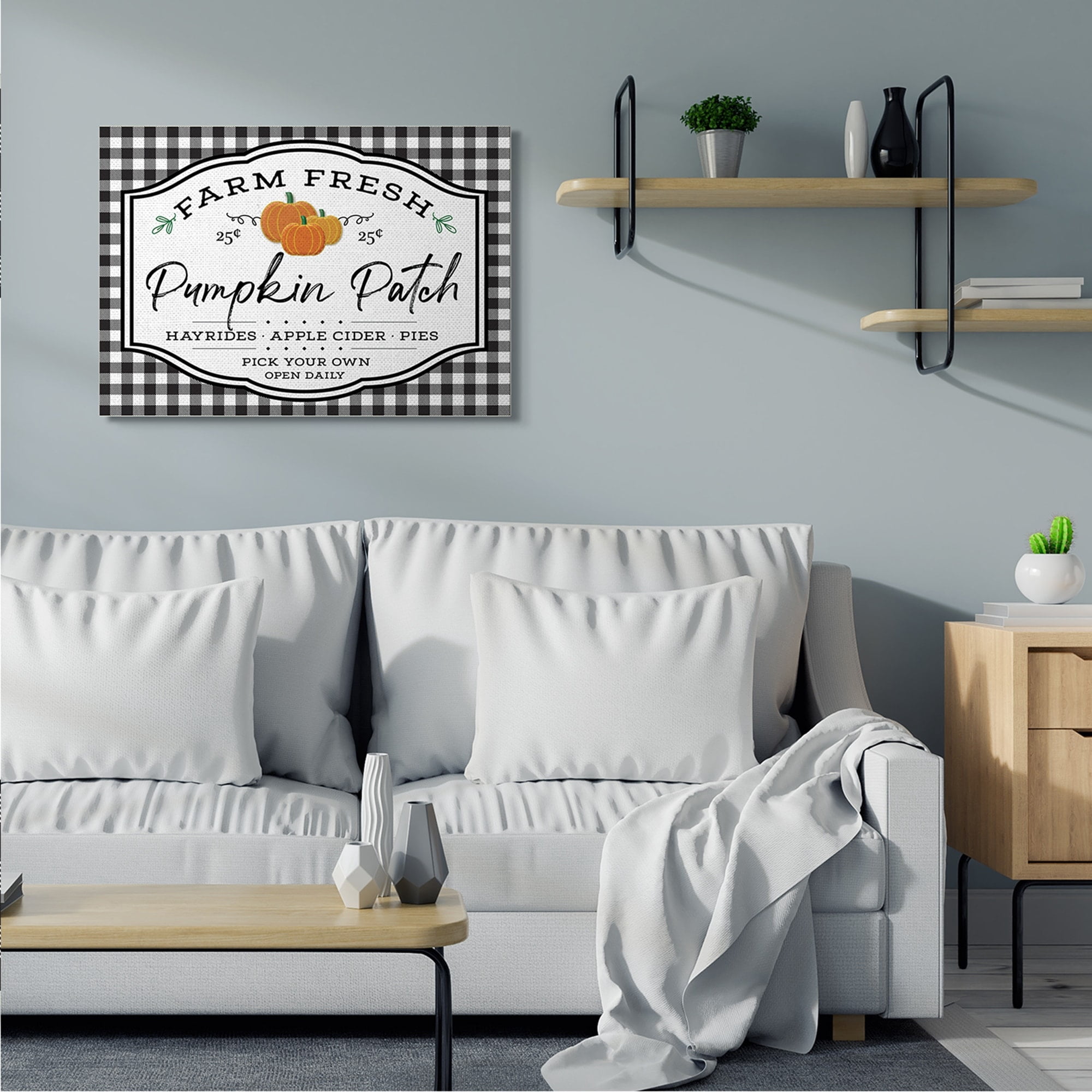 Stupell Industries Farm Fresh Pumpkin Patch Sign Black Checkered Plaid Canvas Wall Art, 30 x 40, Design by AE Design
