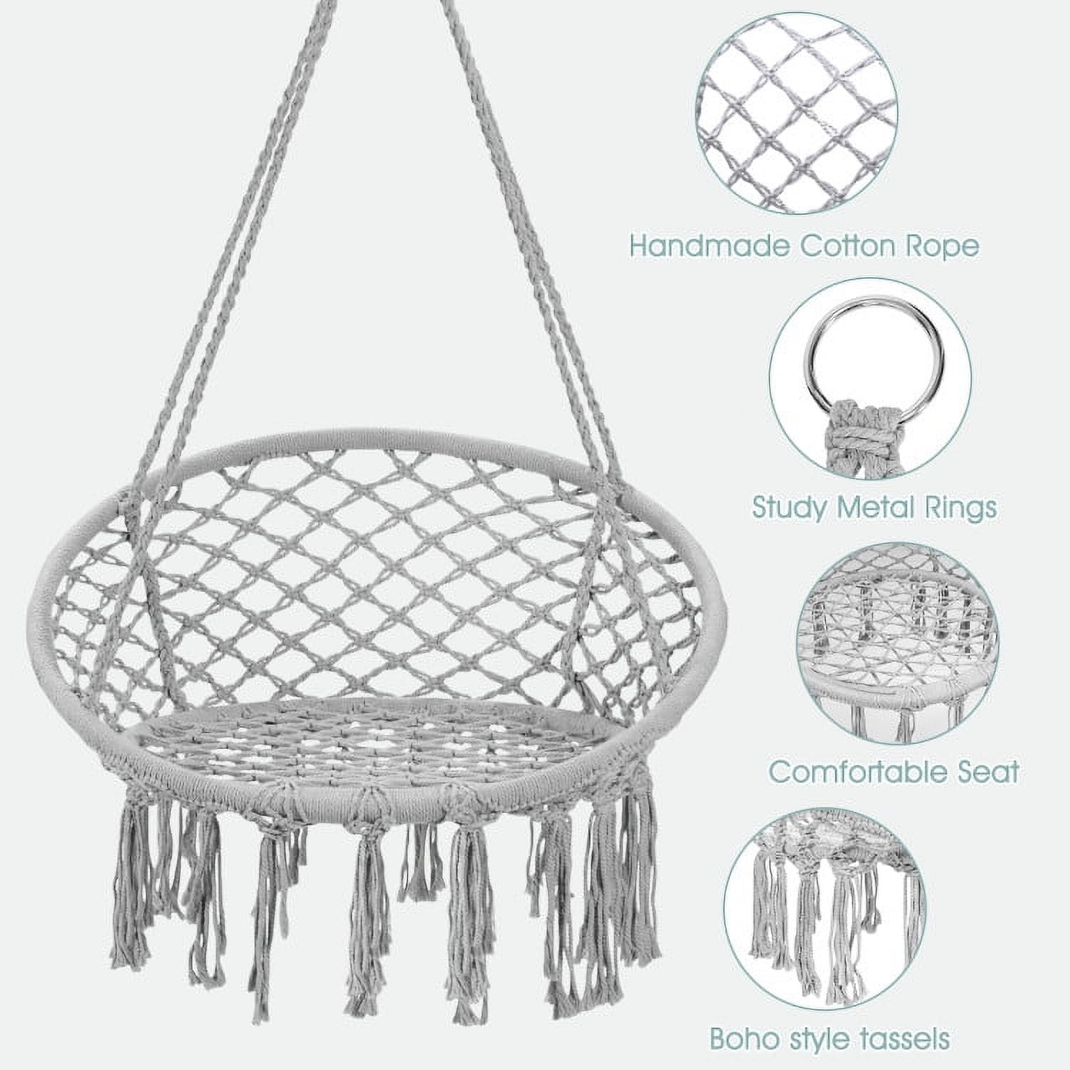 Aimee Lii Hanging Macrame Hammock Chair with Handwoven Cotton Backrest, Outdoor Deck Furniture, White
