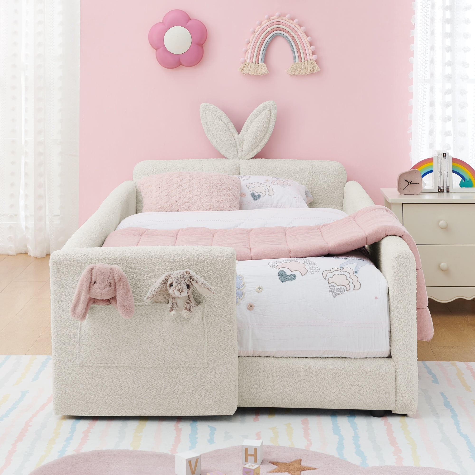 PORKISS Twin Bed Frames for Kids, Boucle Upholstered Platform Bed Frame with Safety Rails, Cute Bunny Ear Cartoon Bed with Storage Pocket, Beige