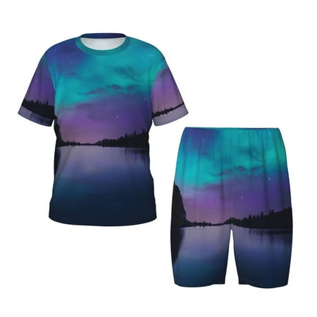 Luyuia Night At Lake Aurora Print Girls  2-Piece Tie-Dye Pajama Set  Cute Summer Loungewear with Shirt and Tank Shorts Nightwear-Medium