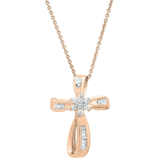 Dazzlingrock Collection Round & Baguette White Diamond Looping Flower Cross Pendant for Women with 18 Inch Gold Chain (0.25 ctw, Color I-J, Clarity I2-I3) in 10K Rose Gold