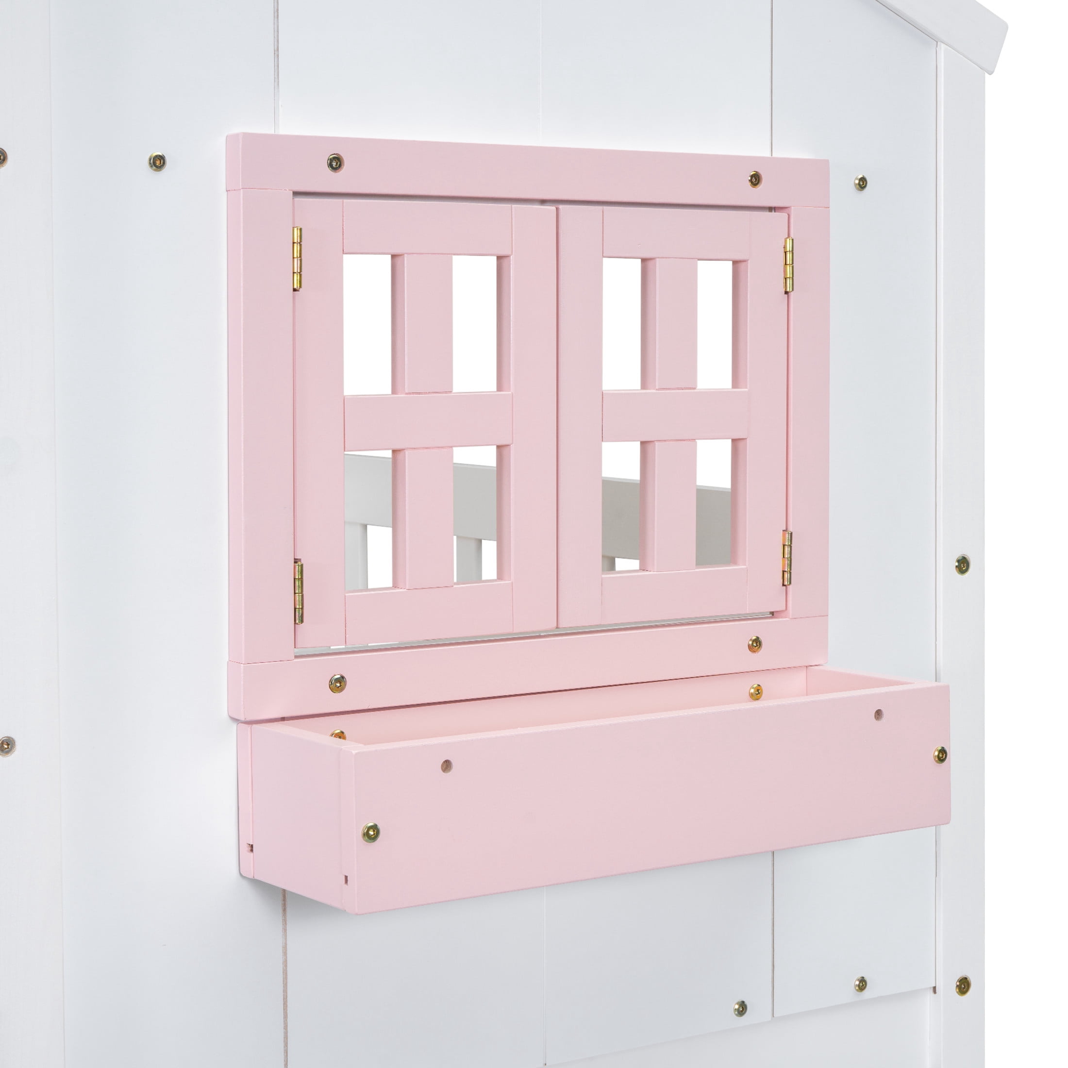 Noble House Twin Over Twin House Bunk Bed, Pine Wood Frame with Safety Guardrails and Ladder, Pink + White