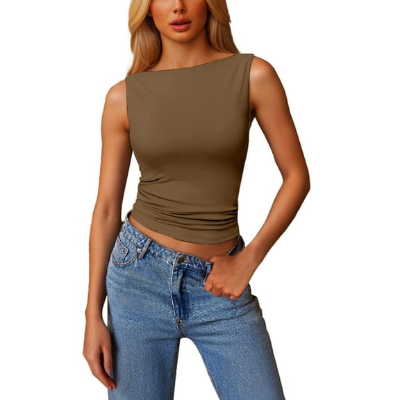 Womens Sleeveless Boat Neck Tank Top - 2025 Summer Casual Basic Shirt - Nylon Spandex Blend for Beach Vacation Outfits