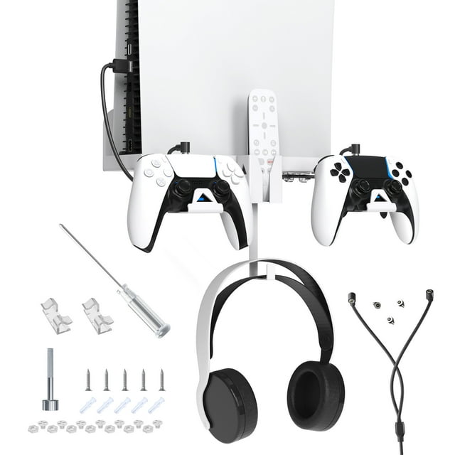 PS5 Game Console Wall Mount Bracket - Organizer for PS5 Wireless Controller/Headset, Includes Type-C Cable