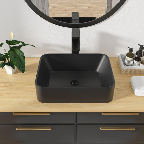 Kichae Fregadero de recipiente rectangular - 19 "x 15" Rectángulo de baño moderno encima de porcelana negra mate Lavabo de tocador de cerámica Lavabo artístico