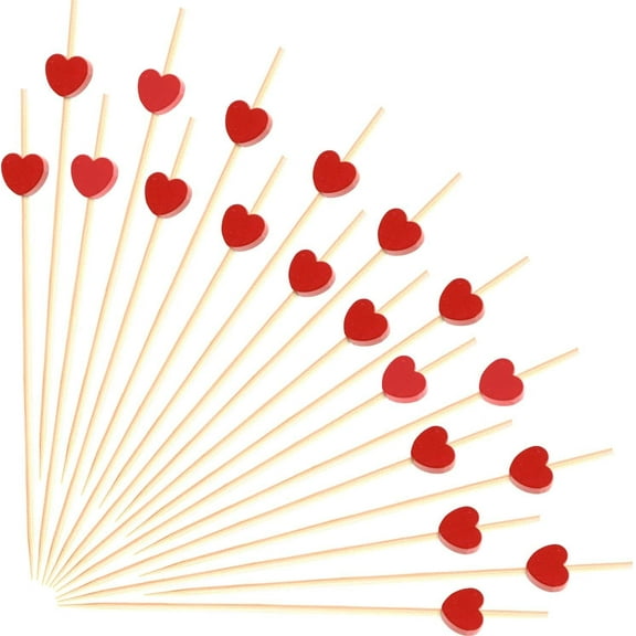 LQQBOX 100 Pcs Red Heart Cocktail Picks 4.7" Long Fruit Sticks Food Toothpicks Appetizer Charcuterie Skewers, Handmade of Bamboo Wood, for Birthday, Wedding, Valentines Day Decoration Party Supplies