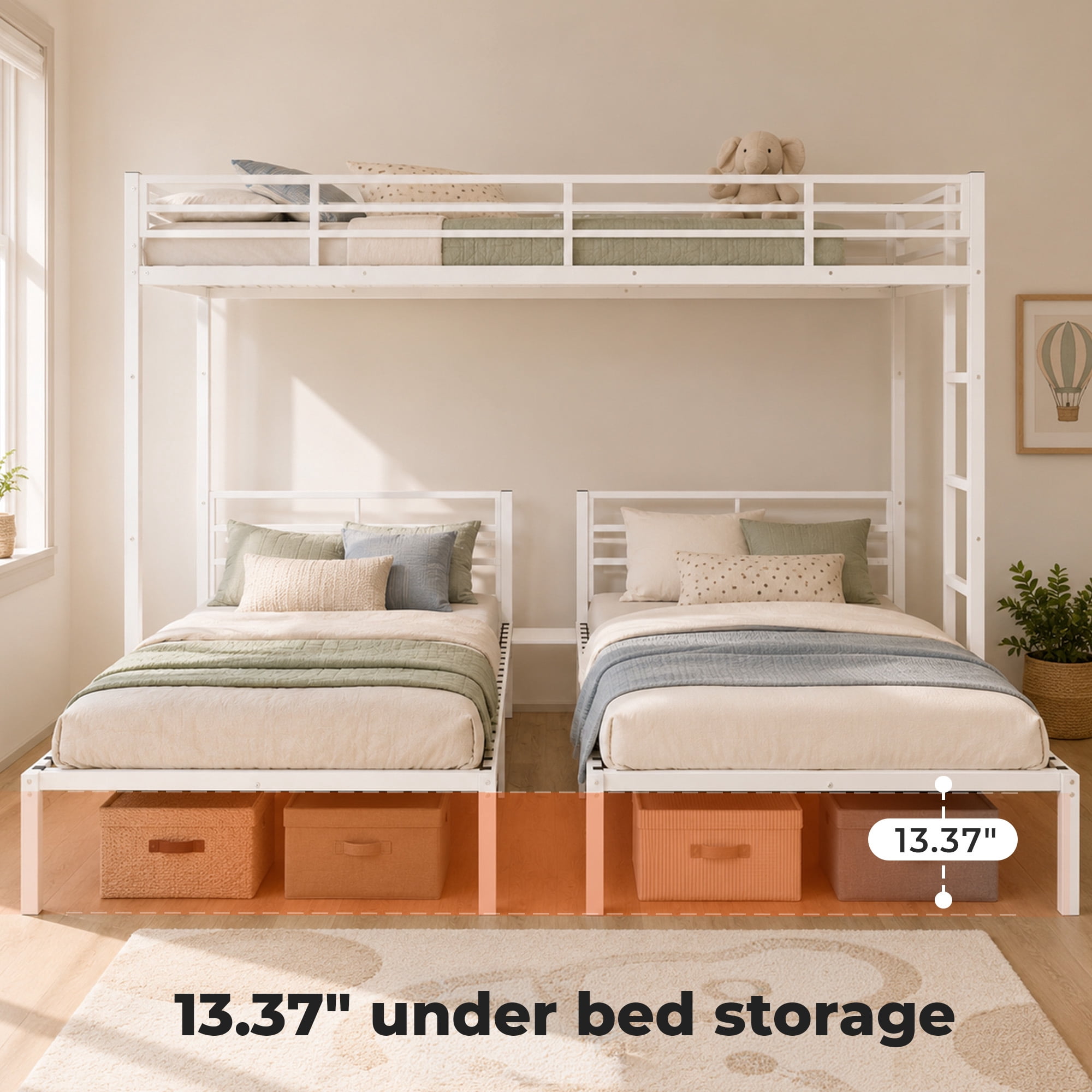 Alvantor Triple Bunk Bed for Kids, Metal Bunk Bed with Stairs,Separates Into 3 Twin Beds White