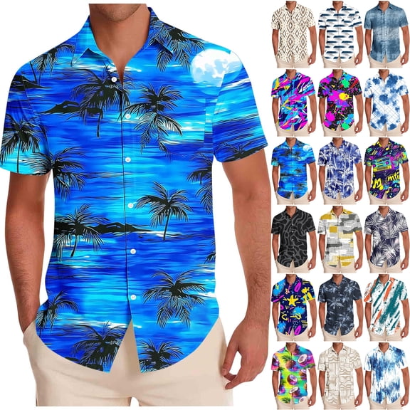 LODIENY Men's Hawaiian Wrinkle Free Shirts Lightweight Casual Summer Short Sleeve Button Down Tropical Tie Dye Gradient Color Printed Holiday Beach Vacation Tees Shirt Tops Black L
