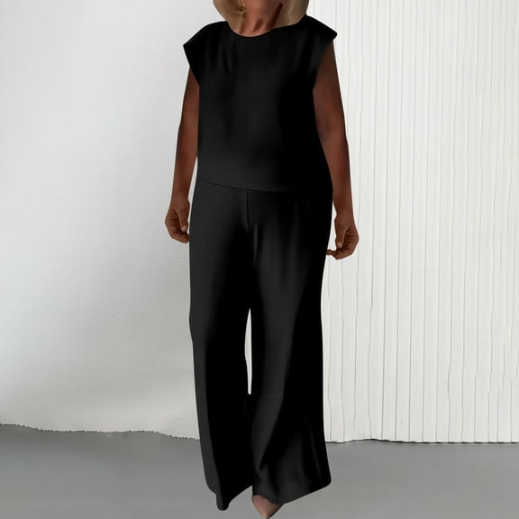 LADIGASU Women Summer Loose Casual Solid Color Fashionable Sleeveless Round-Neck Blouse Shorts Set