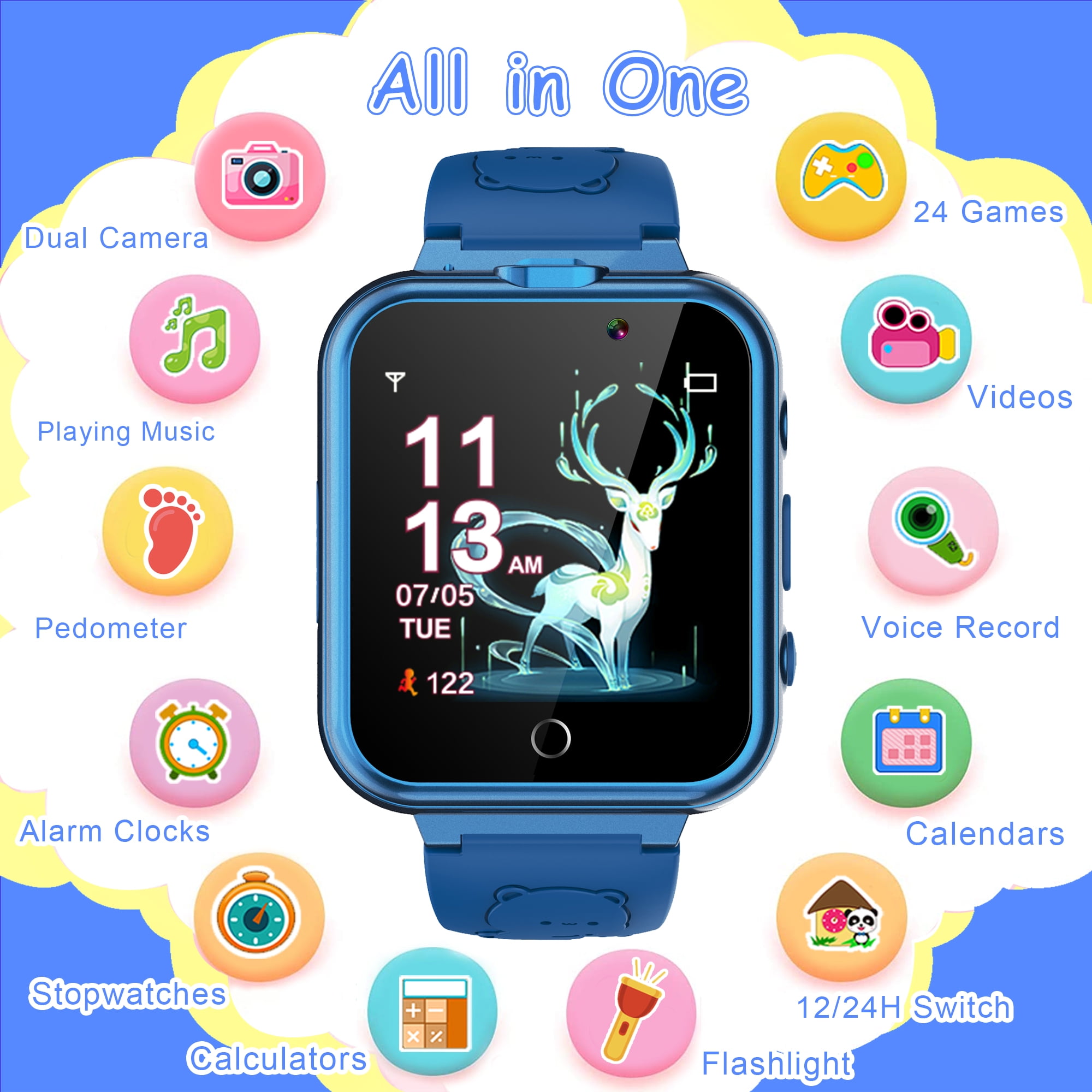 Kids Game Smart Watch for Boys Girls, 24 Games 5 Languages 3 Alarms 2 Cameras Music Torch Pedometer Calendar, 1 Count