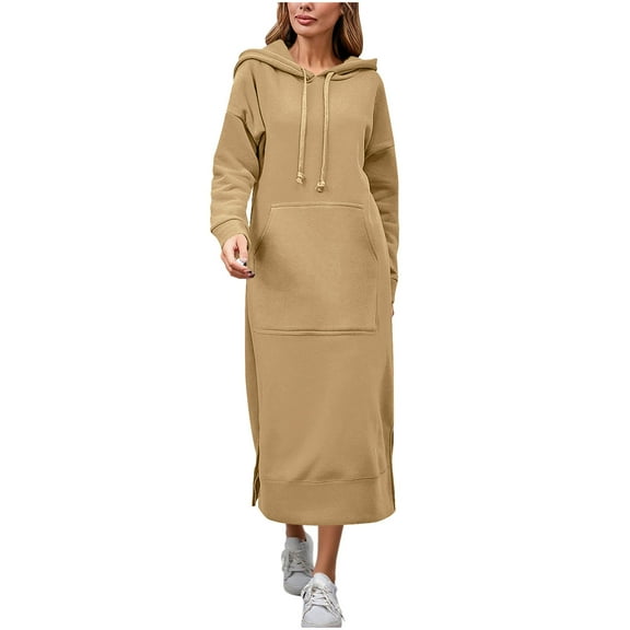 Roncen Women's Plus Size Knit Hooded Dress - Fleece-Lined Casual Sweatshirt Tunic with Cozy Pullover Design for Winter, Warm Soft Lounge Wear for Daily Outfits