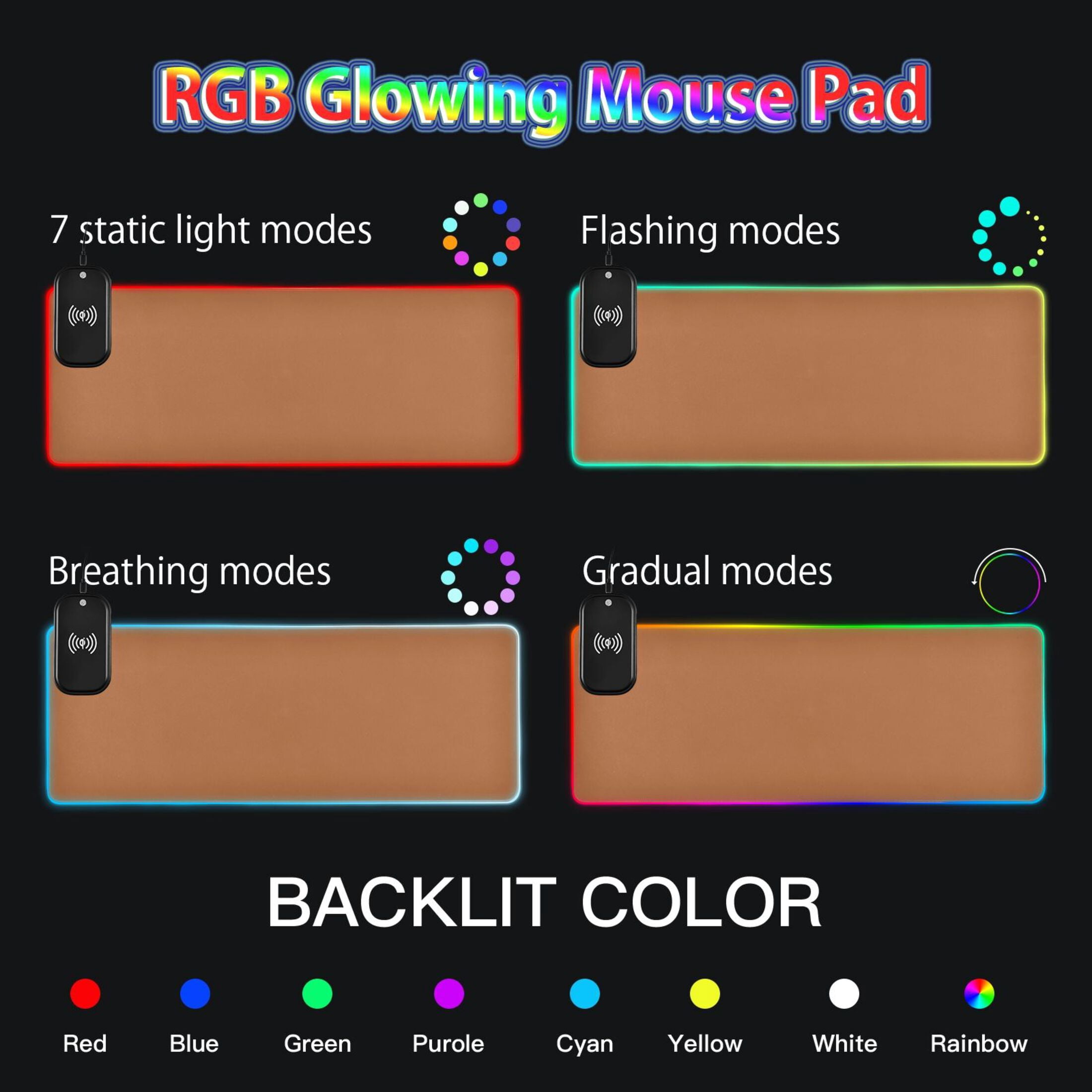 Wireless Charging Mouse Pad Large RGB Gaming Desk Mat 13 Light Modes Mousepad 31.5x11.8 Brown