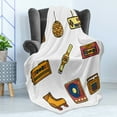 thumbnail image 4 of 90s Soft Flannel Fleece Blanket, Cartoon Illustration with Old Fashioned Technology Lifestyle Theme Nostalgic Artwork, Cozy Plush for Indoor and Outdoor Use, 50" x 60", Mustard Navy, by Ambesonne, 4 of 5