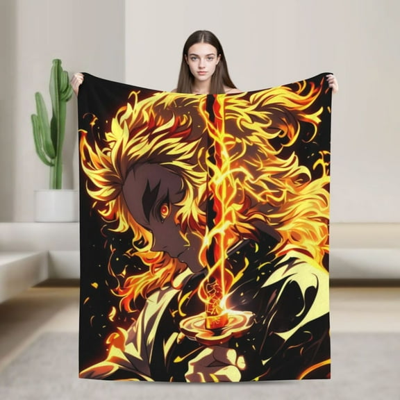 Cozy Warm Plush Throw Demon Slayer Rengoku Kyojuro Fluffy Blanket for Bed Couch Living Room 60"x50"
