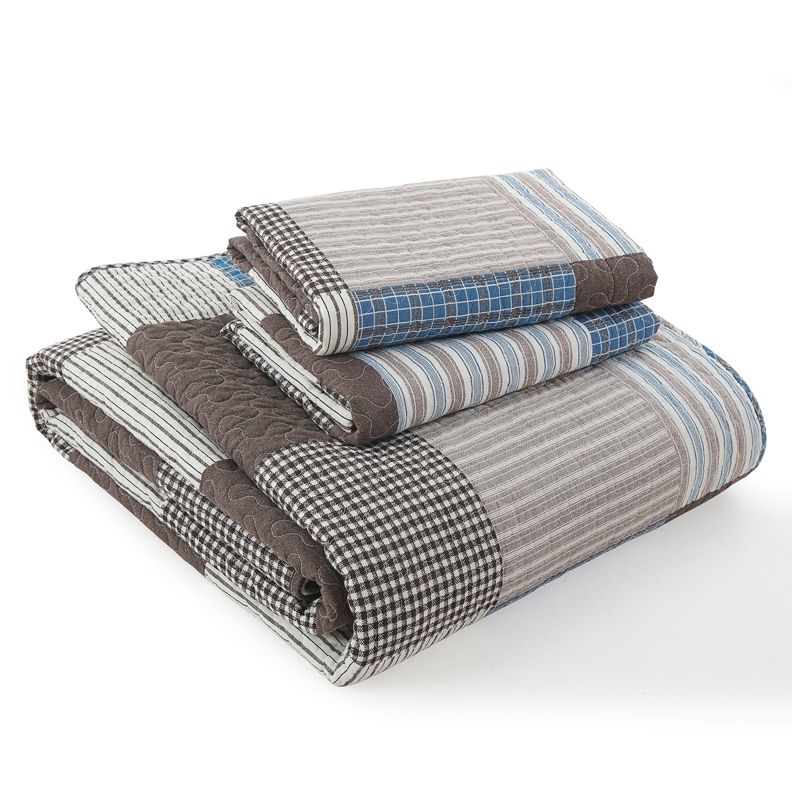 PANGUSHAN 100% Cotton King Quilt Set, Farmhouse Patchwork King Size Quilt Bedding Set Bedspreads, Reversible Quilted Lightweight Comforter, Blue/Brown Bed Spread for King Bed, 3 Pieces