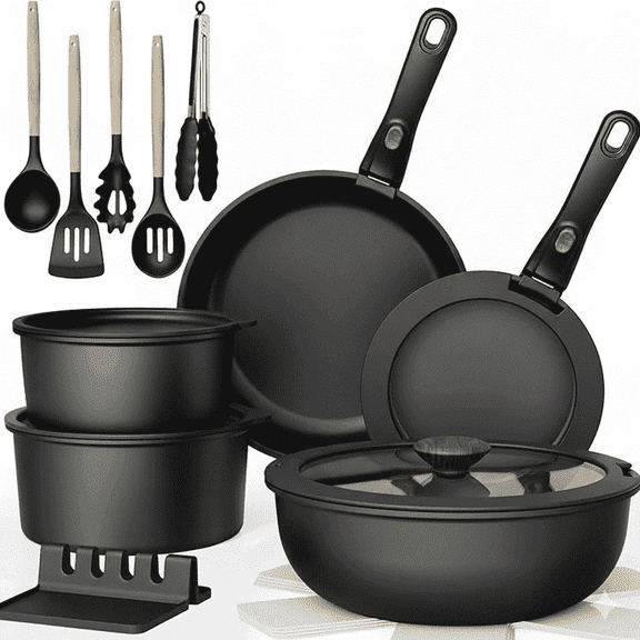 NULAS 21 Piece Pots and Pans Set Non Stick, Stackable RV Kitchen Cooking Set , Cookware Set with Detachable Handle, Dishwasher Safe, Oven Safe, Black