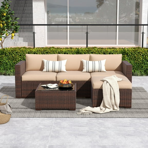 Modern Outdoor Patio Furniture Set,5-Piece Brown Wicker Sectional Sofa, with Beige Cushions and Coffee Table, Perfect for Gardens, Patios, and Backyards