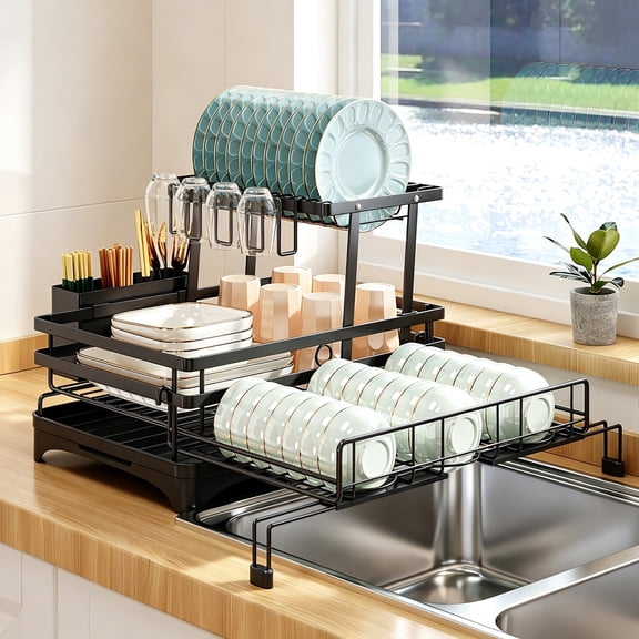 Over Sink Dish Drying Rack, 2-Tier Expandable, Stainless Steel, Space-Saving