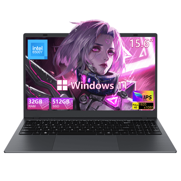RNRUO 15.6" Laptop Computer, 32GB RAM 512GB SSD, Intel 6500Y, Type-C PD Dual 4K Output 1080p FHD Numeric Keypad, WiFi5 BT5.0 Office 2024 Windows 11 Laptop for Business, Student, Dark Gray