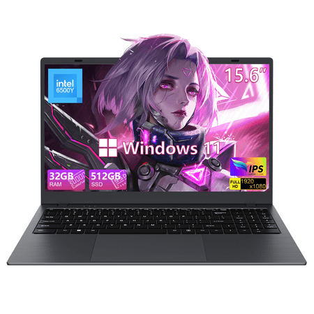 RNRUO 15.6" Laptop Computer, 32GB RAM 512GB SSD, Intel 6500Y, Type-C PD Dual 4K Output 1080p FHD Numeric Keypad, WiFi5 BT5.0 Office 2024 Windows 11 Laptop for Business, Student, Dark Gray