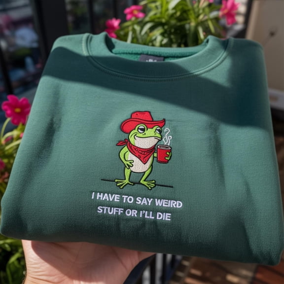 Funny Cowboy Frog Embroidered Sweatshirt, I Say Weird Stuff or I'll Die Crewneck, Embroidered Frog with Coffee Shirt, Aesthetic Meme Gift
