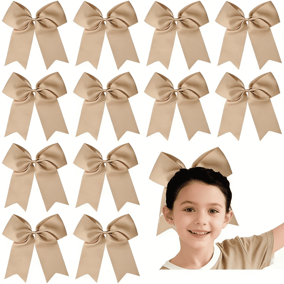 12pcs 8inch Large Beige Cheer Hair Bows for Girls - 12 Pack Satin Hair Bows Clips, Cute Hair Accessories for Toddlers Kids Teens, Perfect for Cheerleading, School, Party, Casual Wear