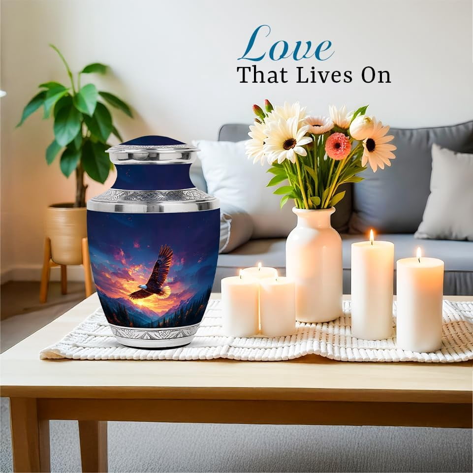 Eagle Mountain Sunset Urns for Cremation, Memorial Decorative Urn, Large Funeral Urns for Human Ashes, Keepsake Burial Urn for Ashes Adult Male & Female (Size: 10 Inch 1pcs & 3inch 2 Pcs)